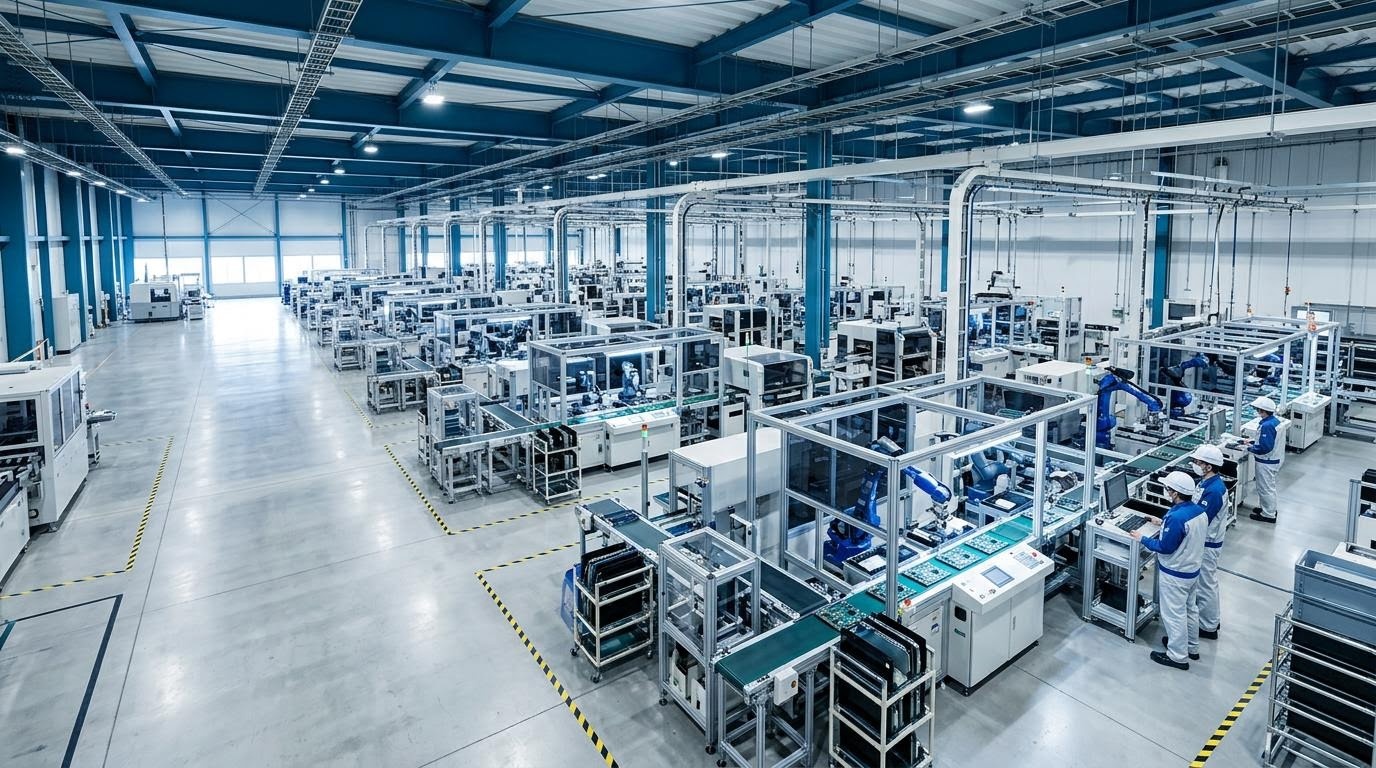 日本の工場の生産ラインを背景にした電機株のイメージ